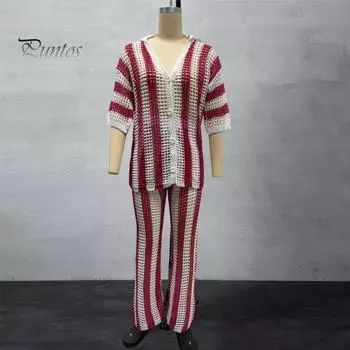 2 шт./компл., женская рубашка и брюки, комплект трикотажных полых V-образным вырезом, однобортная блузка с рукавами три четверти, высокая талия, широкие брюки, пляжный наряд S синий