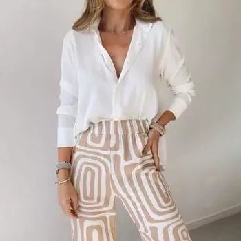 2 шт./компл., женская рубашка и брюки, комплект с длинными рукавами и воротником с лацканами, однобортная блузка с высокой талией, свободные брюки полной длины с принтом, комплект, повседневная одежда для поездок на работу S хаки