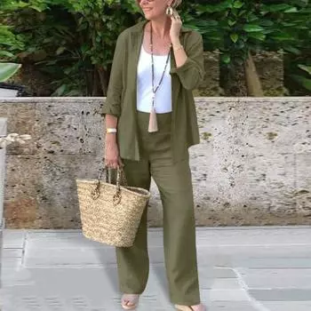 2 шт./компл., женская рубашка и брюки, комплект со свободными лацканами, однобортная блузка средней длины с длинными рукавами, высокая эластичная талия, широкие брюки, повседневная одежда XL чёрный