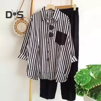 2 шт./компл., женская рубашка и брюки, комплект соответствия цветов, полосатый нагрудный карман с принтом, однобортная блузка с длинными рукавами и лацканами, свободные брюки с эластичной резинкой на талии M зелёный