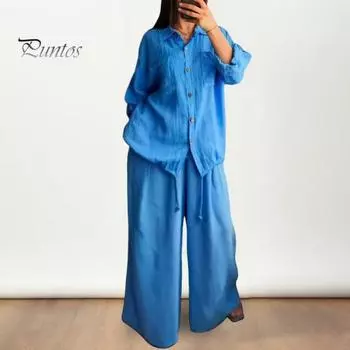 2 шт./компл., женская рубашка и брюки, комплект с длинными рукавами и воротником с лацканами, карманы, однобортная блузка с завязками на подоле, высокая талия, свободные широкие брюки, повседневный комплект XXXL армия зеленый