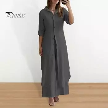 2 шт./компл. Женская рубашка и брюки Комплект средней длины с капюшоном, однобортный, с половиной рукавов, блузка с нерегулярным подолом, широкие брюки, свободные однотонные брюки, повседневные, повседневные XL темно-серого