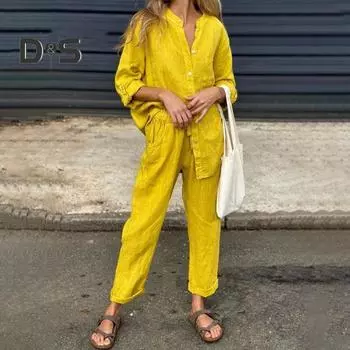 2 шт./компл., женская рубашка и брюки, комплект домашней одежды, однотонный топ с v-образным вырезом и длинными рукавами, широкие брюки с эластичной резинкой на талии, свободные брюки, одежда для поездок на работу, блузка, брюки 2XL жёлтый