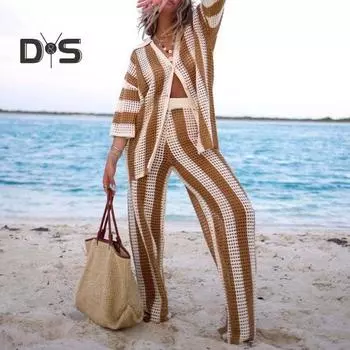 2 шт./компл., женская рубашка и брюки, комплект трикотажных полых V-образным вырезом, однобортная блузка с рукавами три четверти, высокая талия, широкие брюки, пляжный наряд S синий