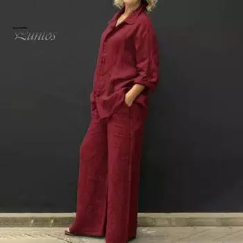 2 шт./компл. Женская рубашка и брюки, комплект со свободными лацканами, однобортная блузка средней длины с длинными рукавами, эластичная талия, широкие брюки, повседневная одежда M фиолетовый