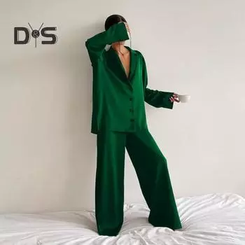 2 шт./компл., женская рубашка и брюки, комплект домашней одежды, костюм со свободными лацканами и длинным рукавом, свободный сплошной цвет, однобортный, с широкими штанинами, прямой, мягкий, женский, весна-осень L чёрный