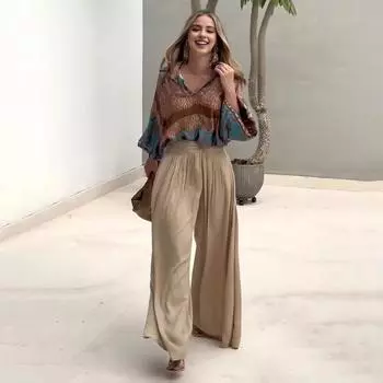 2 шт./компл., женская рубашка и брюки, комплект с v-образным вырезом, блузка с длинными рукавами и цифровым принтом, высокая талия, плиссированные широкие карманы L хаки