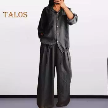 2 шт./компл., женская рубашка и брюки, комплект с длинными рукавами и воротником с лацканами, карманы, однобортная блузка с завязками на подоле, высокая талия, свободные широкие брюки, повседневный комплект XXXL армия зеленый