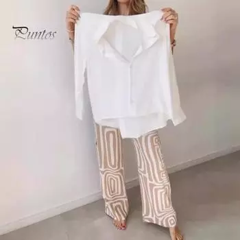 2 шт./компл., женская рубашка и брюки, комплект с длинными рукавами и воротником с лацканами, однобортная блузка с высокой талией, свободные брюки полной длины с принтом, комплект, повседневная одежда для поездок на работу S хаки