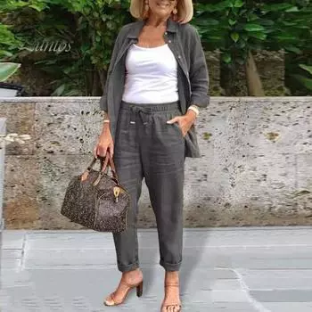 2 шт./компл., женская рубашка и брюки, комплект со свободными лацканами, однобортная блузка средней длины с длинными рукавами, высокая эластичная талия, широкие брюки, повседневная одежда M хаки