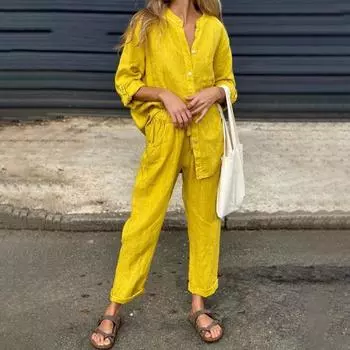 2 шт./компл., женская рубашка и брюки, комплект домашней одежды, однотонный топ с v-образным вырезом и длинными рукавами, широкие брюки с эластичной резинкой на талии, свободные брюки, одежда для поездок на работу, блузка XXL