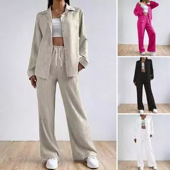 2 шт./компл., женская рубашка и брюки, комплект со свободными лацканами, однобортная блузка средней длины с длинными рукавами, высокая эластичная талия, широкие брюки, повседневная одежда L абрикосовый