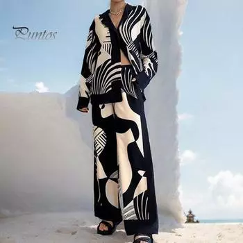 2 шт./компл., женская рубашка и брюки, комплект контрастного цвета с отложным воротником, топ с длинными рукавами, широкие брюки с эластичной резинкой на талии, свободные брюки, одежда на работу, блузка, комплект брюк M чёрный