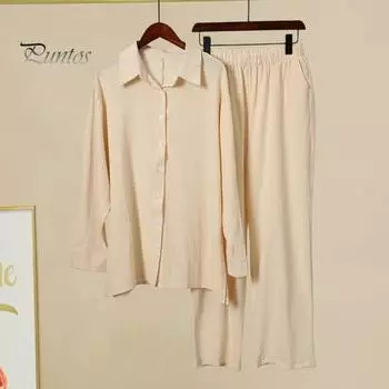 2 шт./компл., женская рубашка и брюки, комплект со свободными лацканами, однобортная блузка средней длины с длинными рукавами, высокая эластичная талия, широкие брюки, повседневная одежда M розы красного