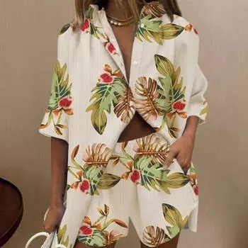 2 шт./компл., женская рубашка и шорты, комплект с цветочным принтом, свободный однобортный, с короткими рукавами и карманами с лацканами, эластичная резинка на талии, мягкая S чёрный