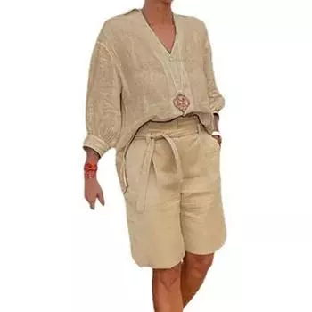 2 шт./компл., женская рубашка, комплект с шортами, однотонный комплект с рукавами три четверти, блузка с v-образным вырезом и высокой талией, свободные брюки длиной до колена, повседневный наряд M