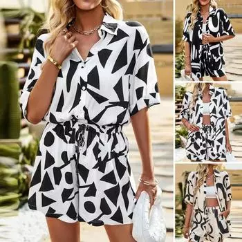 2 шт./компл., женская рубашка, комплект с шортами, соответствующий цвету, с принтом и лацканами, свободные однобортные однобортные шорты с короткими рукавами и эластичной резинкой на талии, повседневный комплект с топом и шортами S белый