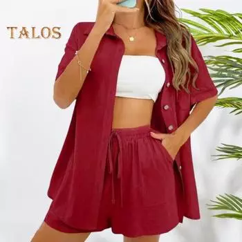 2 шт./компл., женская рубашка, комплект с шортами, однотонный комплект с короткими рукавами, нагрудный карман, блузка с лацканами, шнурок с высокой талией, свободные брюки длиной выше колена, повседневный комплект M розовый