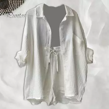 2 шт./компл., женская рубашка, комплект с шортами, однотонная блузка с длинными рукавами и воротником с лацканами, высокая талия, свободные брюки длиной выше колена, повседневная одежда для поездок на работу L светло-синий