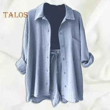 2 шт./компл., женская рубашка, комплект с шортами, однотонная блузка с длинными рукавами и воротником с лацканами, высокая талия, свободные брюки длиной выше колена, повседневная одежда для поездок на работу L светло-синий