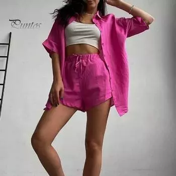 2 шт./компл., женская рубашка, комплект с шортами, однотонный комплект с половиной рукавов, воротник с лацканами, блузка с высокой талией, свободные брюки длиной выше колена, повседневная одежда для поездок на работу L светло-зеленый