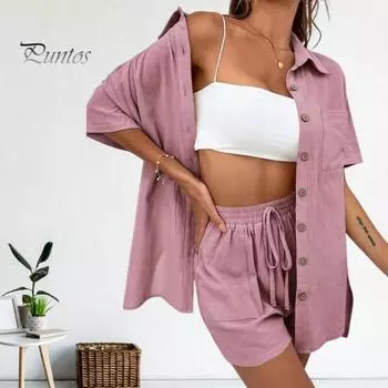 2 шт./компл., женская рубашка, комплект с шортами, однотонный комплект с короткими рукавами, нагрудный карман, блузка с лацканами, шнурок с высокой талией, свободные брюки длиной выше колена, повседневный комплект XL красный