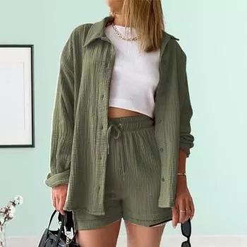 2 шт./компл., женская рубашка, комплект с шортами, однотонная блузка с длинными рукавами и воротником с лацканами, высокая талия, свободные брюки длиной выше колена, повседневная одежда для поездок на работу XL синий