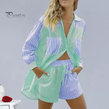 2 шт./компл., женская рубашка, комплект с шортами, полосатый комплект с длинными рукавами и лацканами, однобортная блузка с высокой талией, свободные брюки длиной выше колена, комплект из 2 шт./компл. S розовый