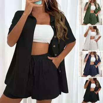 2 шт./компл., женская рубашка, комплект с шортами, однотонный комплект с короткими рукавами и воротником с лацканами, комплект с брюками длиной выше колена и высокой талией L чёрный