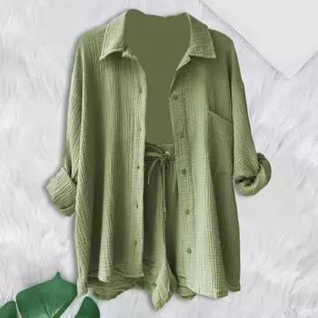 2 шт./компл., женская рубашка, комплект с шортами, однотонная блузка с длинными рукавами и воротником с лацканами, высокая талия, свободные брюки длиной выше колена, повседневная одежда для поездок на работу L светло-синий