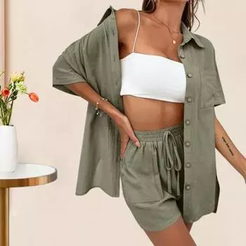 2 шт./компл., женская рубашка, комплект с шортами, однотонный комплект с короткими рукавами, нагрудный карман, блузка с лацканами, шнурок с высокой талией, свободные брюки длиной выше колена, повседневный комплект XL синий