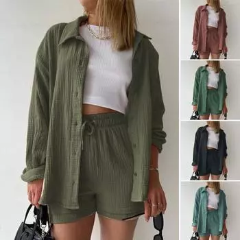 2 шт./компл., женская рубашка, комплект с шортами, однотонная блузка с длинными рукавами и воротником с лацканами, комплект с брюками выше колена с высокой талией XL синий