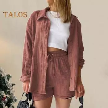 2 шт./компл., женская рубашка, комплект с шортами, однотонная блузка с длинными рукавами и воротником с лацканами, высокая талия, свободные брюки длиной выше колена, повседневная одежда для поездок на работу XL синий