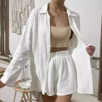 2 шт./компл., женская рубашка, комплект с шортами, однотонная однобортная блузка с длинными рукавами и воротником с лацканами, высокая талия, свободная выше M белый