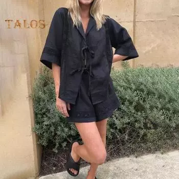 2 шт./компл., женская рубашка, комплект с шортами, на шнуровке с коротким рукавом, с открытыми лацканами, с высокой эластичной резинкой на талии, свободные боковые карманы, брюки, повседневный пляжный наряд для отпуска M чёрный