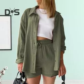 2 шт./компл., женская рубашка, комплект с шортами, однотонная блузка с длинными рукавами и воротником с лацканами, высокая талия, свободные брюки длиной выше колена, повседневная одежда для поездок на работу XL синий