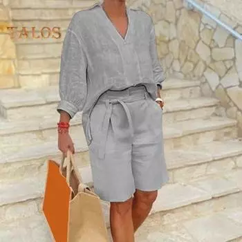 2 шт./компл., женская рубашка, комплект с шортами, однотонный комплект с рукавами три четверти, блузка с v-образным вырезом и высокой талией, свободные брюки длиной до колена, повседневный наряд M хаки