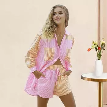 2 шт./компл., женская рубашка, комплект с шортами, полосатый комплект с длинными рукавами и лацканами, однобортная блузка с высокой талией, свободные брюки длиной выше колена, комплект из 2 шт./компл. S розовый