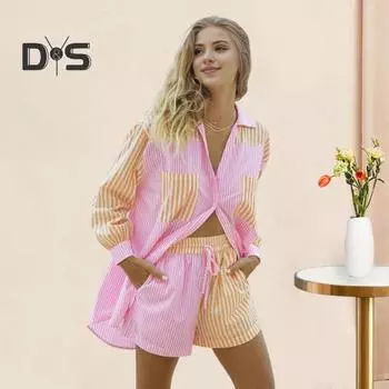 2 шт./компл., женская рубашка, комплект с шортами, полосатый комплект с длинными рукавами и лацканами, однобортная блузка с высокой талией, свободные брюки длиной выше колена, комплект из 2 шт./компл. S розовый