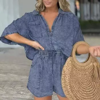 2 шт./компл., женская рубашка с потертостями, шорты, комплект, однобортный однобортный топ с короткими рукавами и нагрудным карманом, свободные шорты с высокой эластичной резинкой на талии, ковбойша XL чёрный