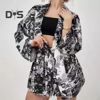 2 шт./компл., женская рубашка, шорты, костюм с принтом, воротник-стойка на шнуровке, длинные рукава, кардиган, короткие брюки с высокой эластичной резинкой на талии, повседневная спортивная одежда с разрезом подол S синий