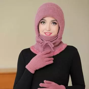 2 шт./компл. Женская шапка и перчатки, однотонная плюшевая подкладка, вязаная шапка-бини с лицом чёрный