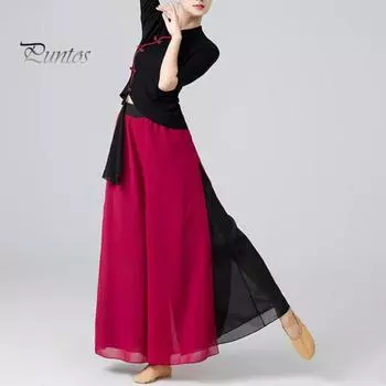 2 шт./компл., женская танцевальная одежда, топы с воротником Ципао и половиной рукавов, широкие брюки с высокой талией, длинные брюки, цветной классический танцевальный наряд XL красный