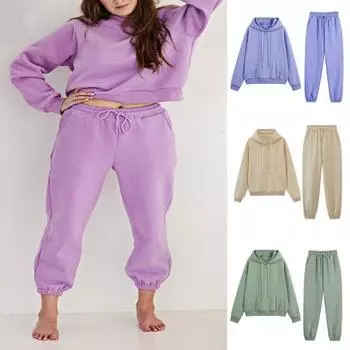 2 шт./компл. женская толстовка с завязками в рубчик на манжетах, зимняя одежда, однотонная толстовка с капюшоном, спортивные брюки, костюм для улицы M