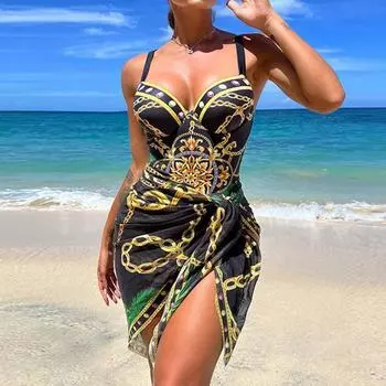 2 шт./компл. женская юбка-монокини комплект с красочным принтом узкая юбка с V-образным вырезом без рукавов с высокой талией на шнуровке юбка для серфинга купальный костюм одежда для водных видов спорта M синий