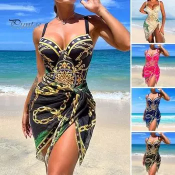 2 шт./компл. женская юбка-монокини комплект с красочным принтом узкая юбка с V-образным вырезом без рукавов с высокой талией на шнуровке юбка для серфинга купальный костюм одежда для водных видов спорта M синий