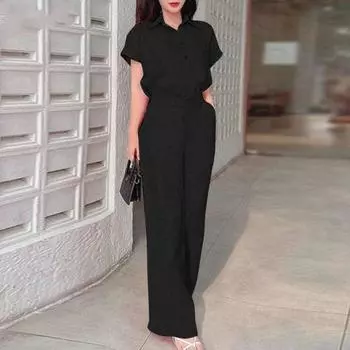 2 шт./компл., женские брюки, рубашка, костюм с лацканами, с коротким рукавом, однобортный, широкий, свободный, однотонный, с карманами, с высокой талией, женский топ, комплект брюк 2XL синий