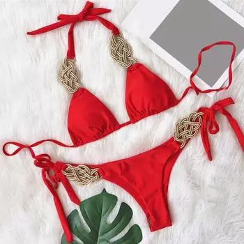 2 шт./компл. женские купальники плетеные бретели бандаж чистый цвет сексуальное регулируемое бикини для плавания M оранжевый