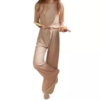 2 шт./компл., женские летние пижамы, футболка из ледяного шелка, комплект брюк, круглый вырез с короткими рукавами, топ с эластичной резинкой на талии, широкие брюки, повседневная повседневная одежда для сна абрикосовый