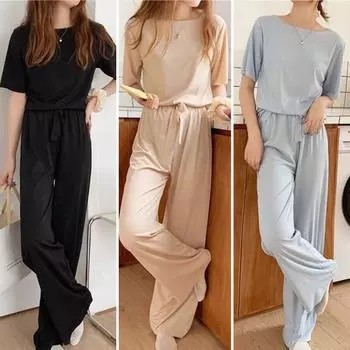 2 шт./компл., женские летние пижамы, футболка из ледяного шелка, комплект брюк, круглый вырез с короткими рукавами, топ с эластичной резинкой на талии, широкие брюки, повседневная повседневная одежда для сна чёрный